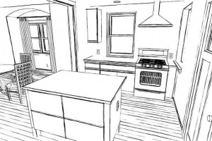 sketch of kitchen counters and cabinets